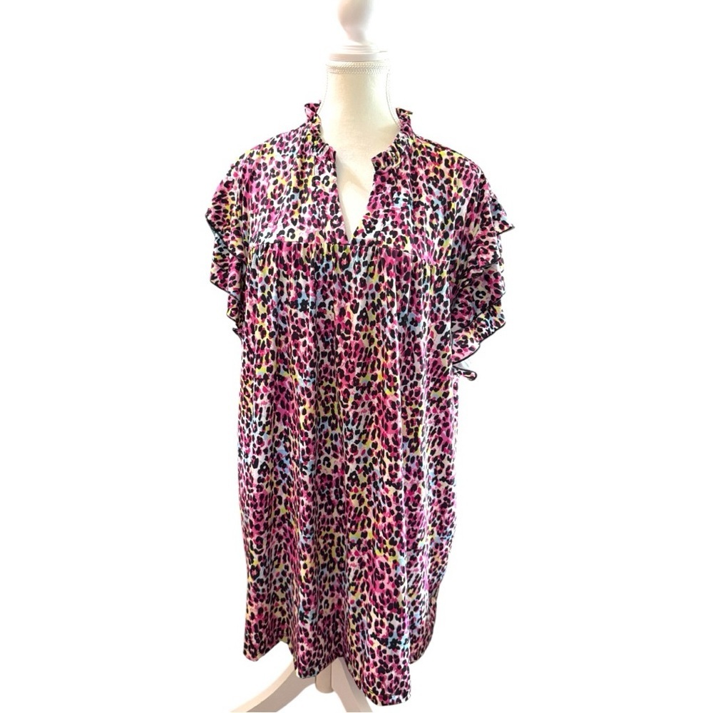 Sunshine & Rodeos 2XL Ruffle Sleeve Blouse Pink Multicolor Leopard
